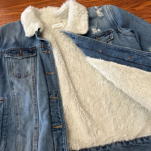 Pacsun Sherpa Denim  Trucker Jacket Fleece Lined Size Large Distressed - Picture 4 of 12